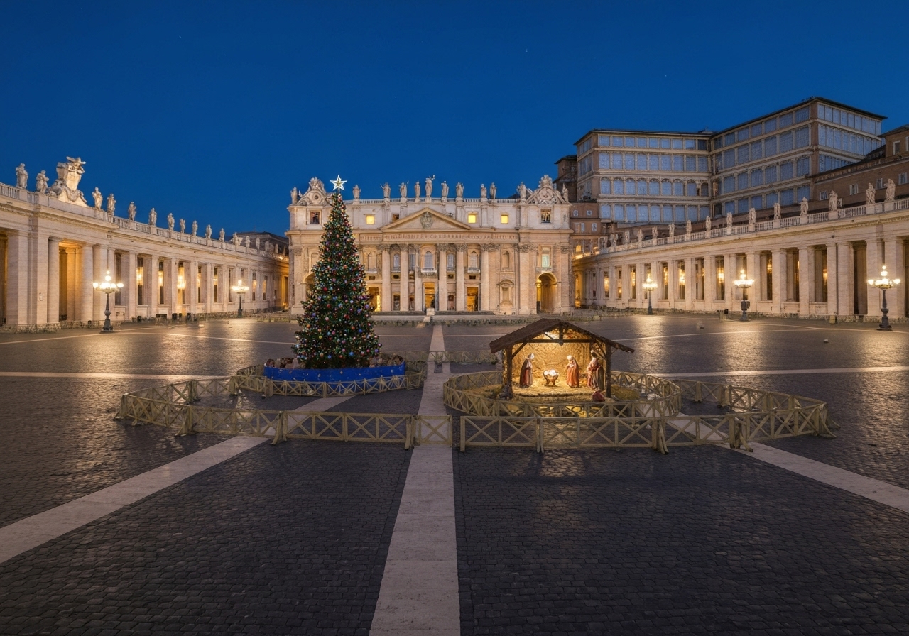 Vatikansk julefeiring: Krybbescene og juletre avduket på Petersplassen