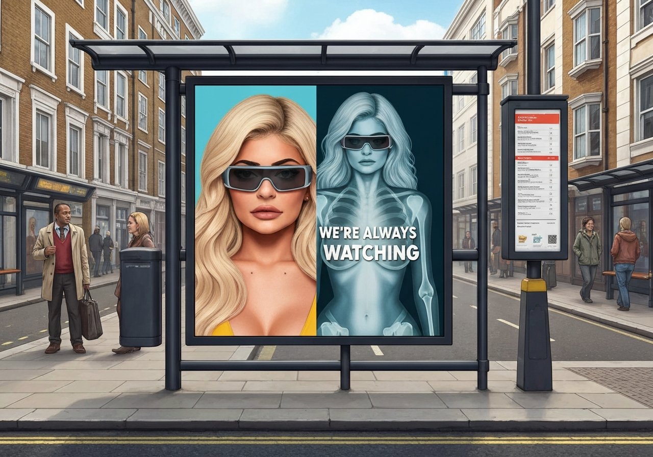 Guerrilla-annonser i London kritiserer Kylie Jenners Meta-brillekampanje