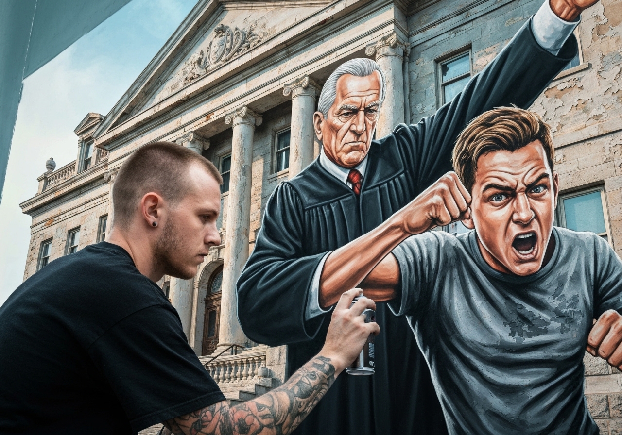 Banksys nye veggmaleri av dommer som slår demonstrant fjernet kort tid etter avduking