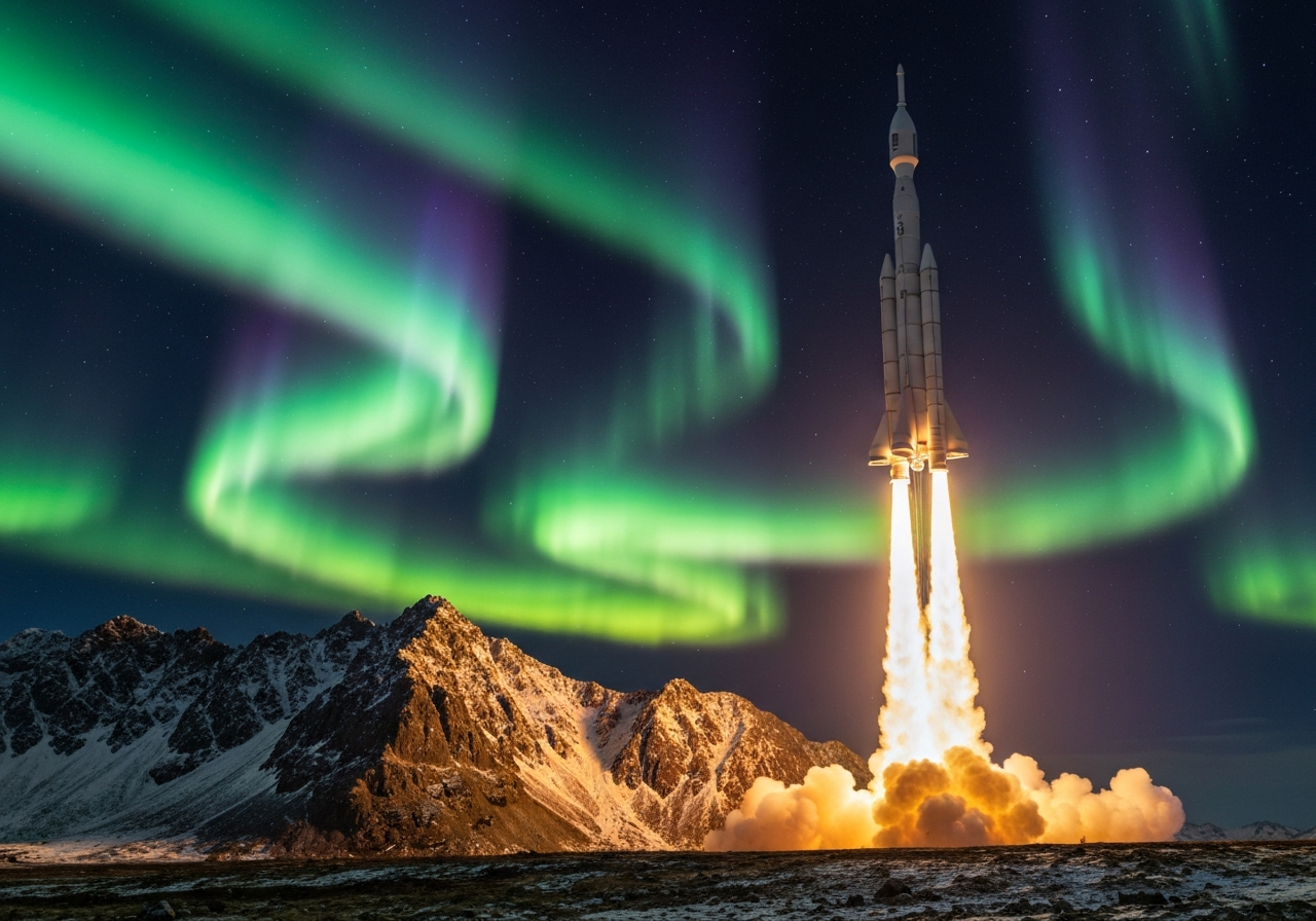 Rakettoppskyting på Andøya under nordlyset