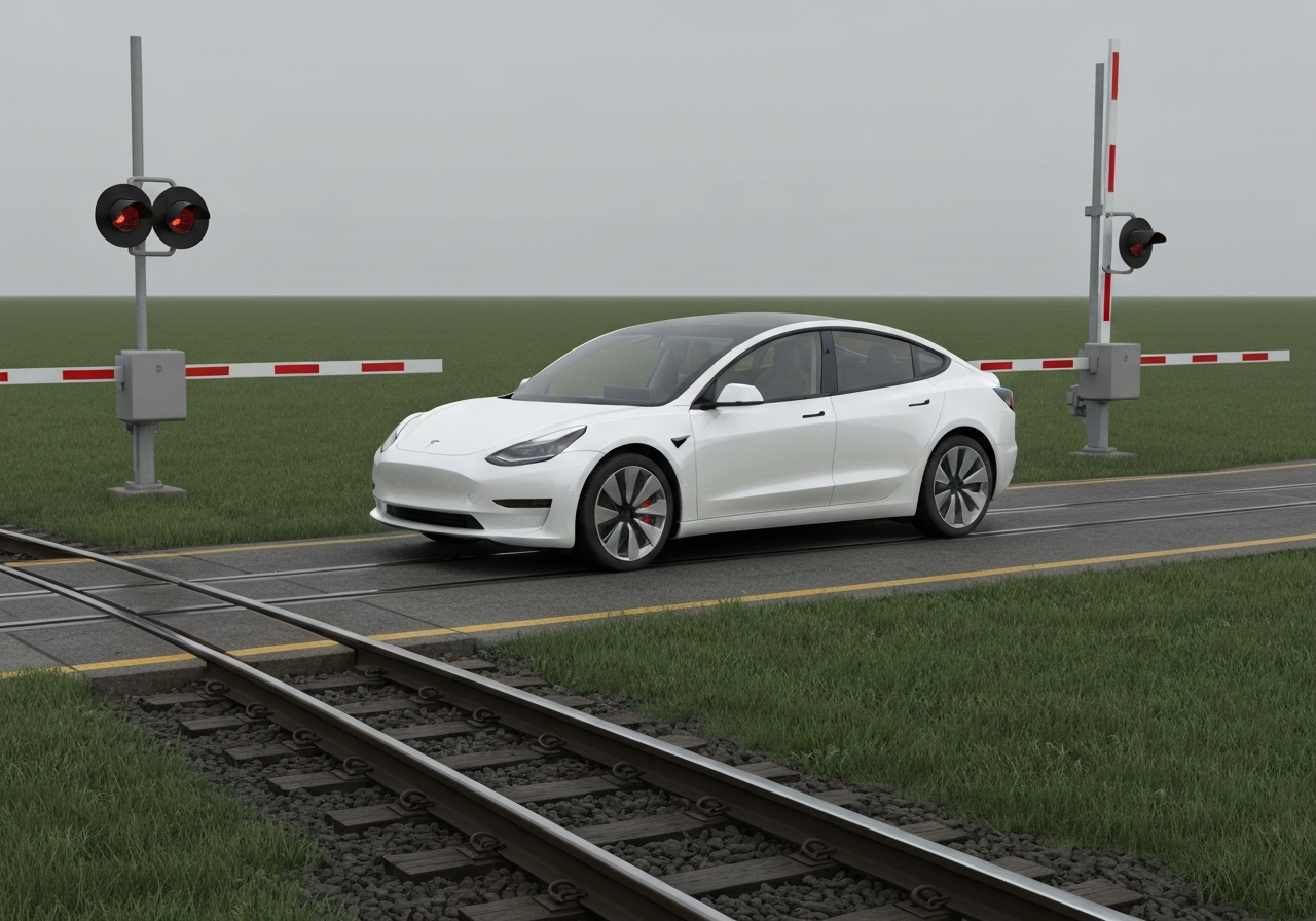 Tesla på autopilot kjører gjennom jernbaneovergang i Texas