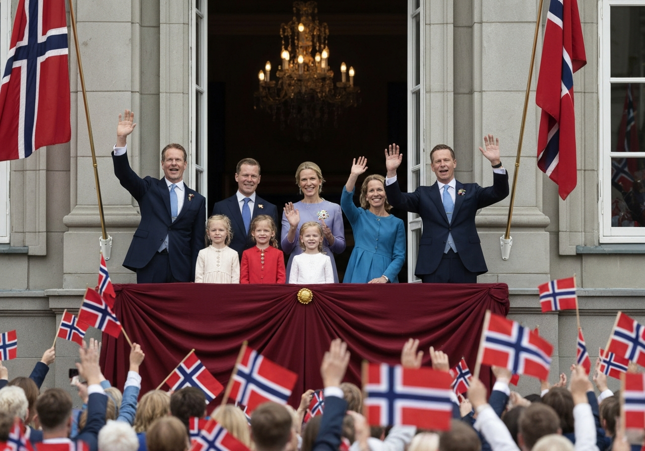 Kongefamilien hilser 17. mai-toget fra slottsbalkongen