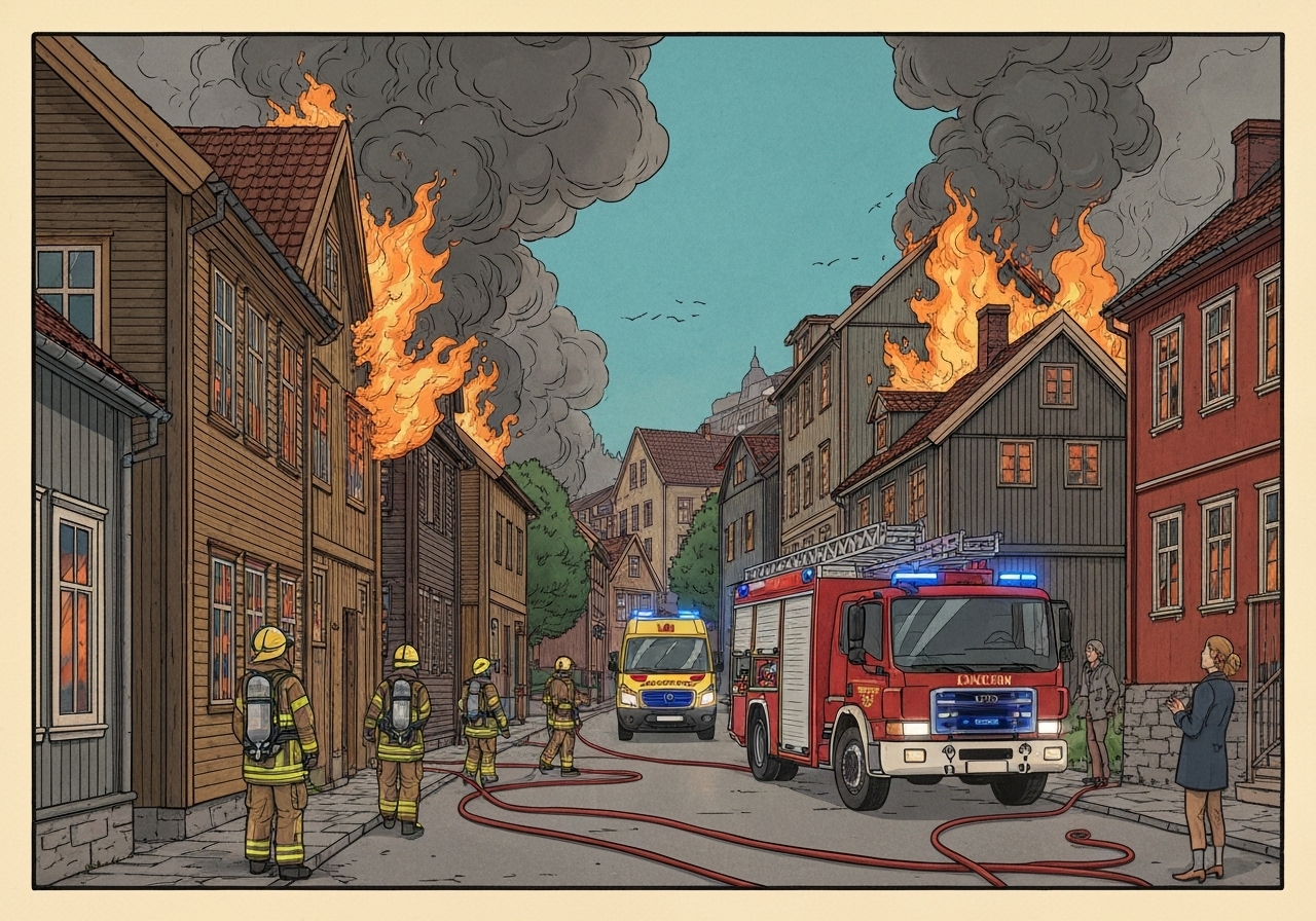 Brann i trehusbebyggelse på Møllenberg i Trondheim