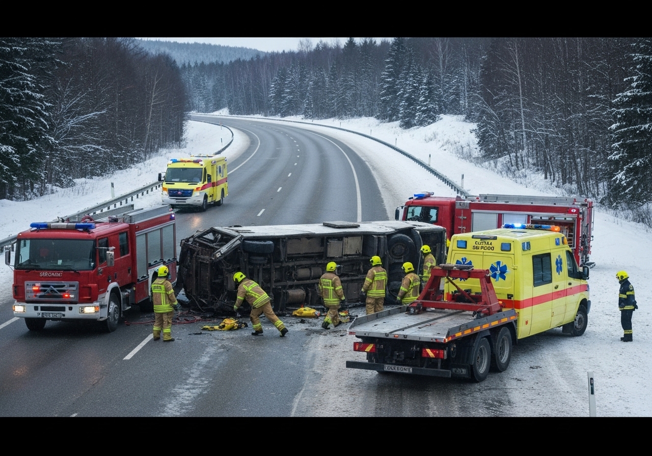 Bussulykke på E45 i Vilhelmina kommune – ti personer til sykehus