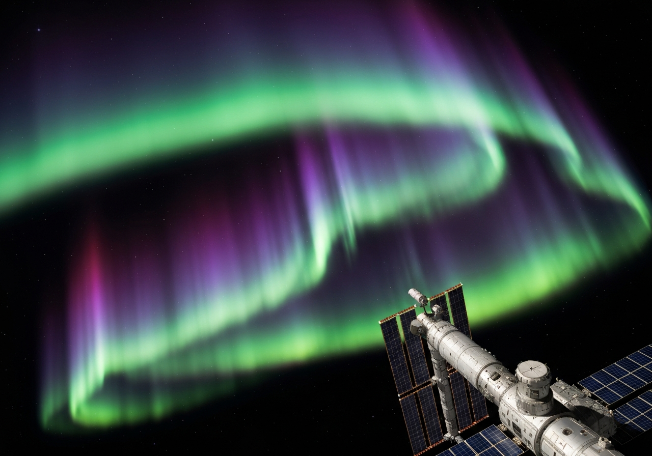 Astronaut fanger neon-grønne sørlys fra verdensrommet