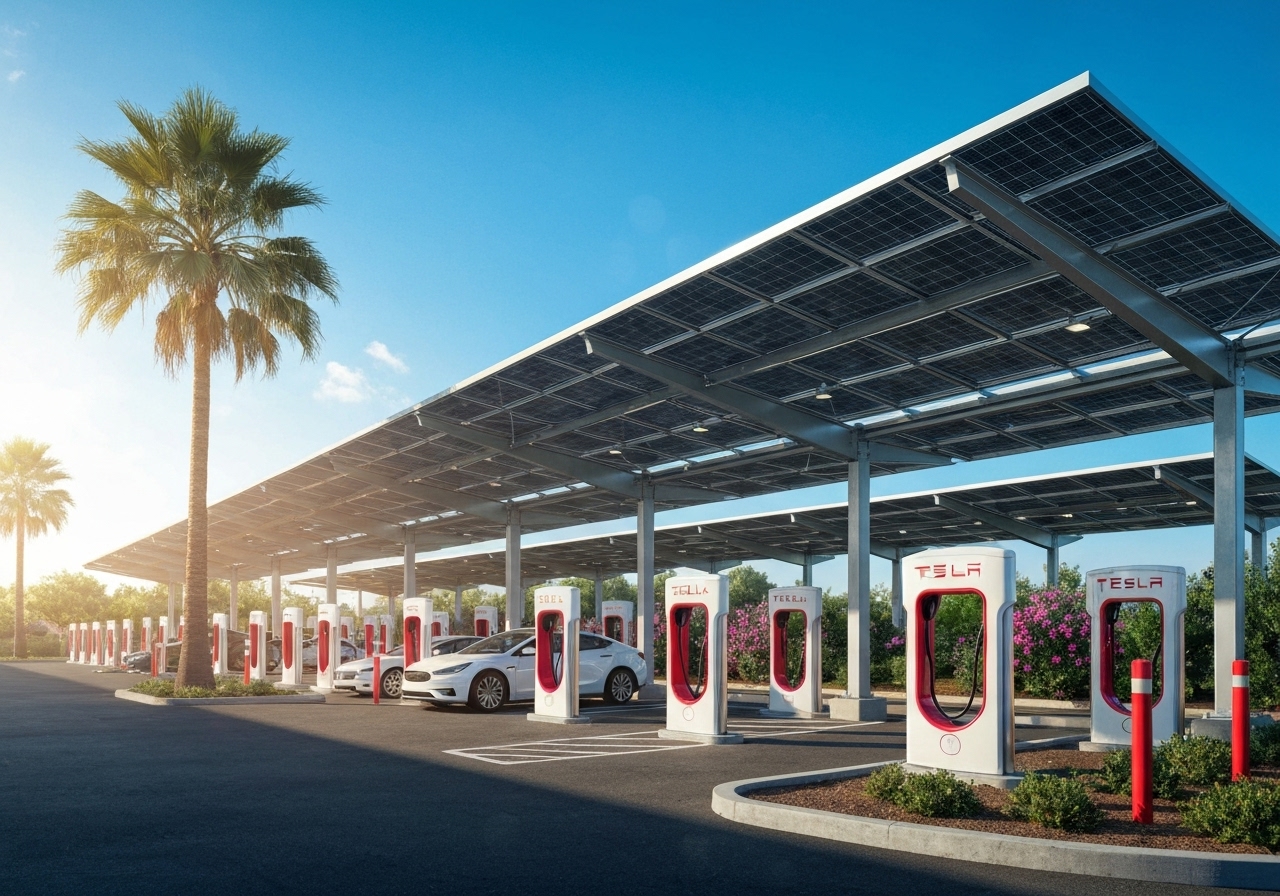 Tesla åpner sitt største Supercharger-anlegg drevet av solenergi